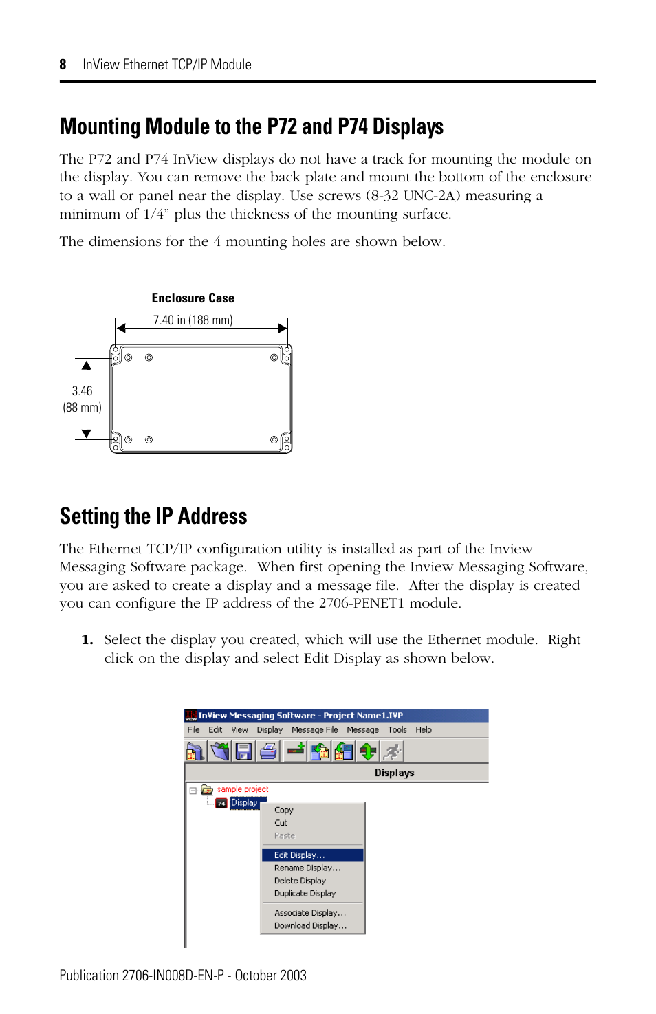 Mounting module to the p72 and p74 displays, Setting the ip address | Rockwell Automation 2706-PENET1 InView Ethernet TCP/IP Module User Manual | Page 8 / 64