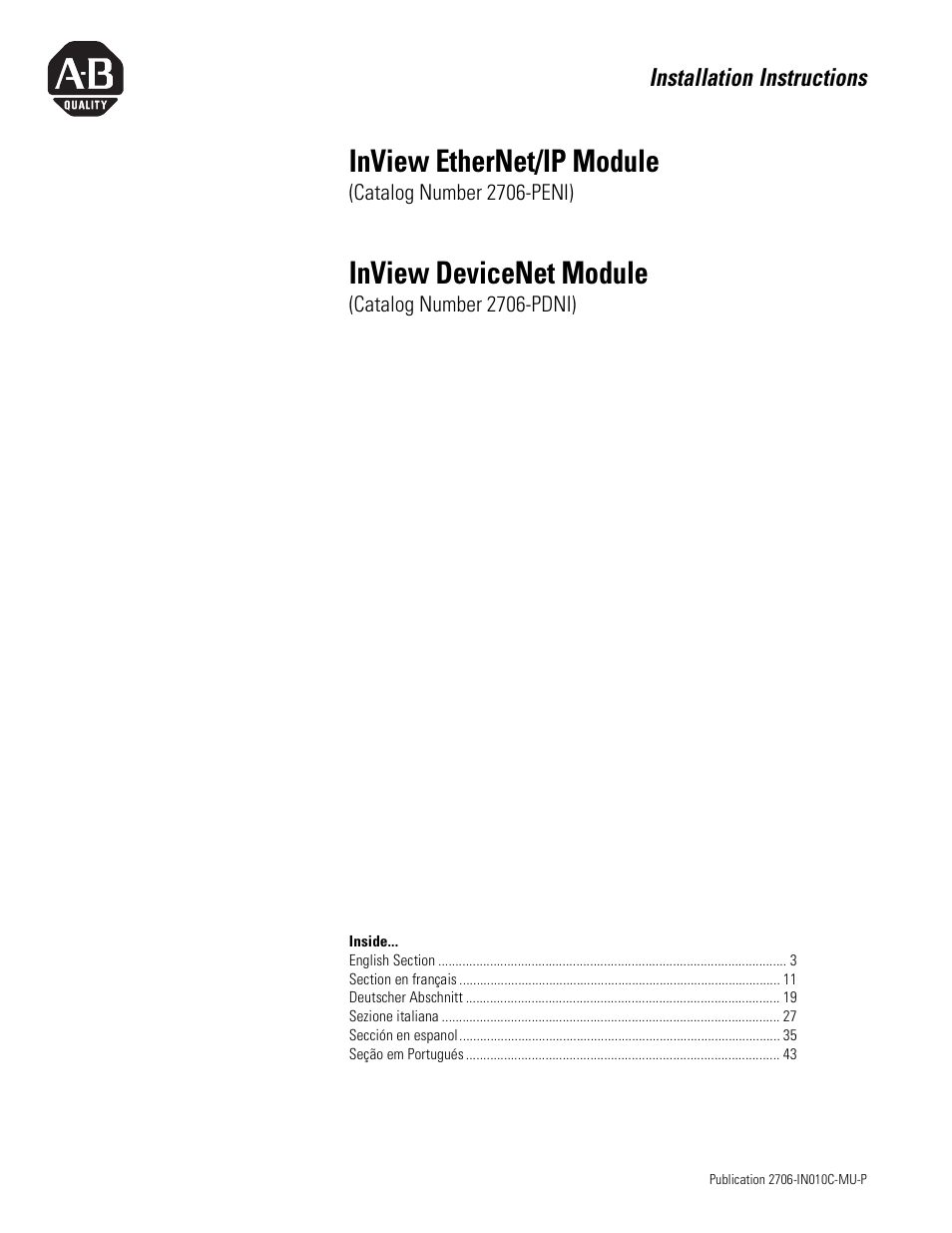 Rockwell Automation 2706-PENI_PDNI InView EtherNet/IP Module and InView DeviceNet Module Install Inst User Manual | 53 pages