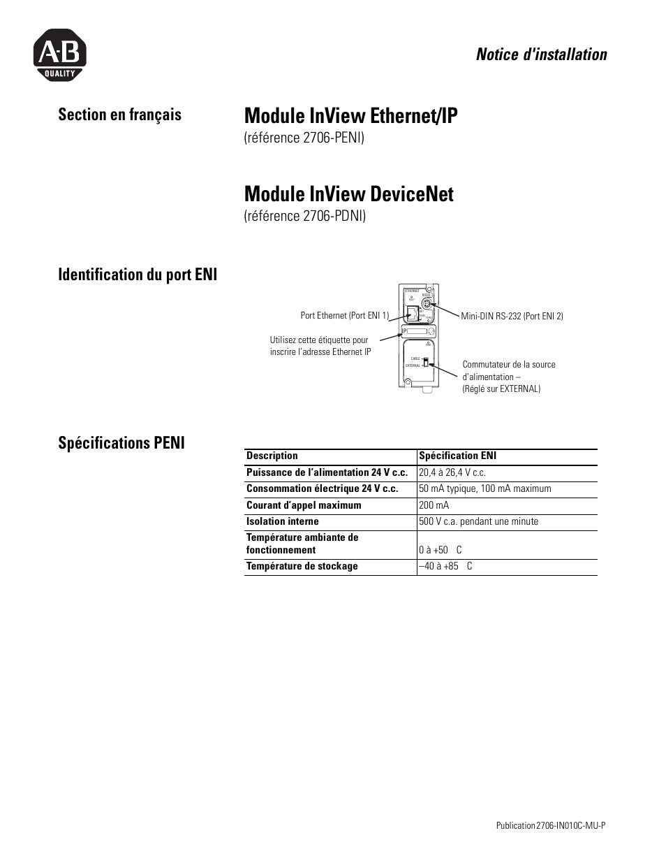 Section en français, Identification du port eni, Spécifications peni | Module inview ethernet/ip, Module inview devicenet, Notice d'installation, Identification du port eni spécifications peni, Référence 2706-peni), Référence 2706-pdni) | Rockwell Automation 2706-PENI_PDNI InView EtherNet/IP Module and InView DeviceNet Module Install Inst User Manual | Page 11 / 53