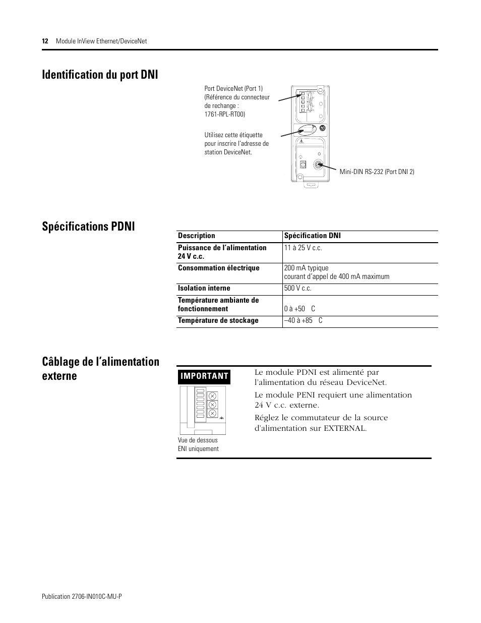 Identification du port dni, Spécifications pdni, Câblage de l’alimentation externe | Rockwell Automation 2706-PENI_PDNI InView EtherNet/IP Module and InView DeviceNet Module Install Inst User Manual | Page 12 / 53