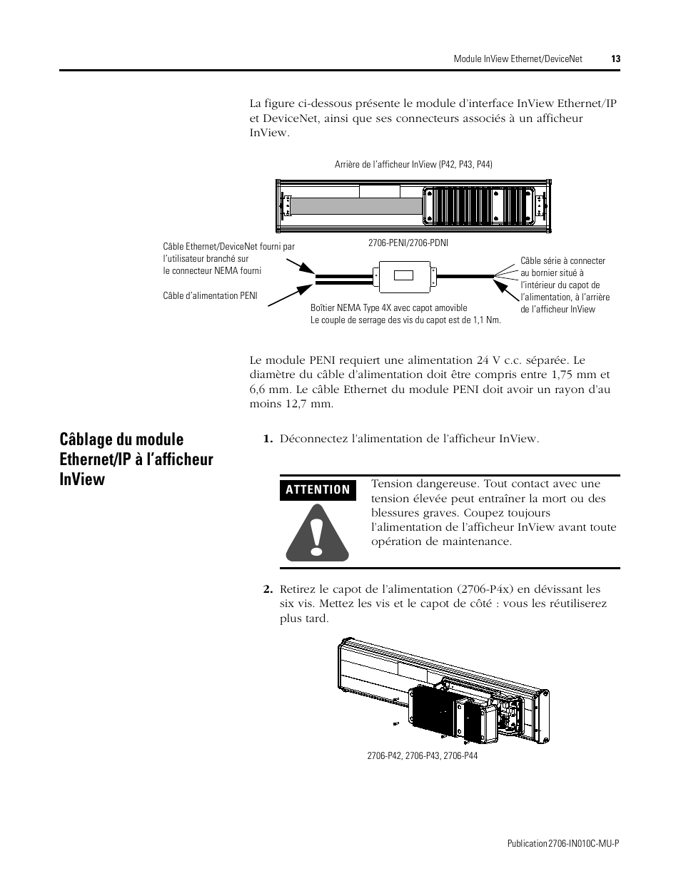 Câblage du module ethernet/ip à l’afficheur inview | Rockwell Automation 2706-PENI_PDNI InView EtherNet/IP Module and InView DeviceNet Module Install Inst User Manual | Page 13 / 53