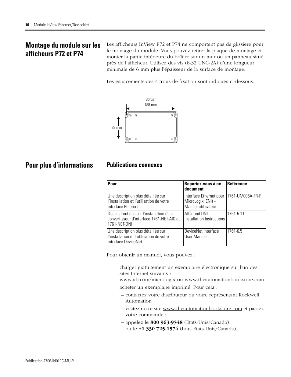 Montage du module sur les afficheurs p72 et p74, Pour plus d’informations, Publications connexes | Rockwell Automation 2706-PENI_PDNI InView EtherNet/IP Module and InView DeviceNet Module Install Inst User Manual | Page 16 / 53