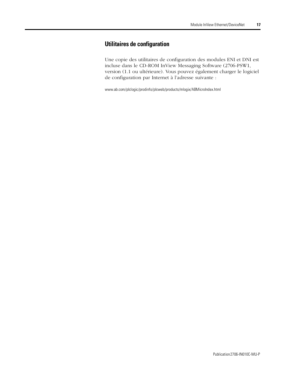 Utilitaires de configuration | Rockwell Automation 2706-PENI_PDNI InView EtherNet/IP Module and InView DeviceNet Module Install Inst User Manual | Page 17 / 53