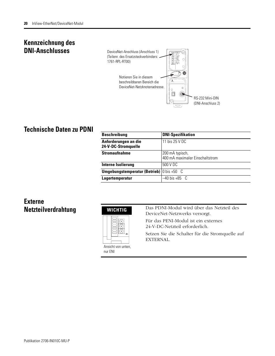 Kennzeichnung des dni-anschlusses, Technische daten zu pdni, Externe netzteilverdrahtung | Rockwell Automation 2706-PENI_PDNI InView EtherNet/IP Module and InView DeviceNet Module Install Inst User Manual | Page 20 / 53