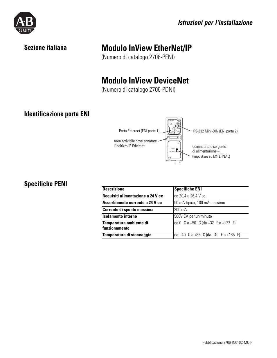 Sezione italiana, Identificazione porta eni, Specifiche peni | Modulo inview ethernet/ip, Modulo inview devicenet, Istruzioni per l'installazione, Identificazione porta eni specifiche peni, Numero di catalogo 2706-peni), Numero di catalogo 2706-pdni) | Rockwell Automation 2706-PENI_PDNI InView EtherNet/IP Module and InView DeviceNet Module Install Inst User Manual | Page 27 / 53