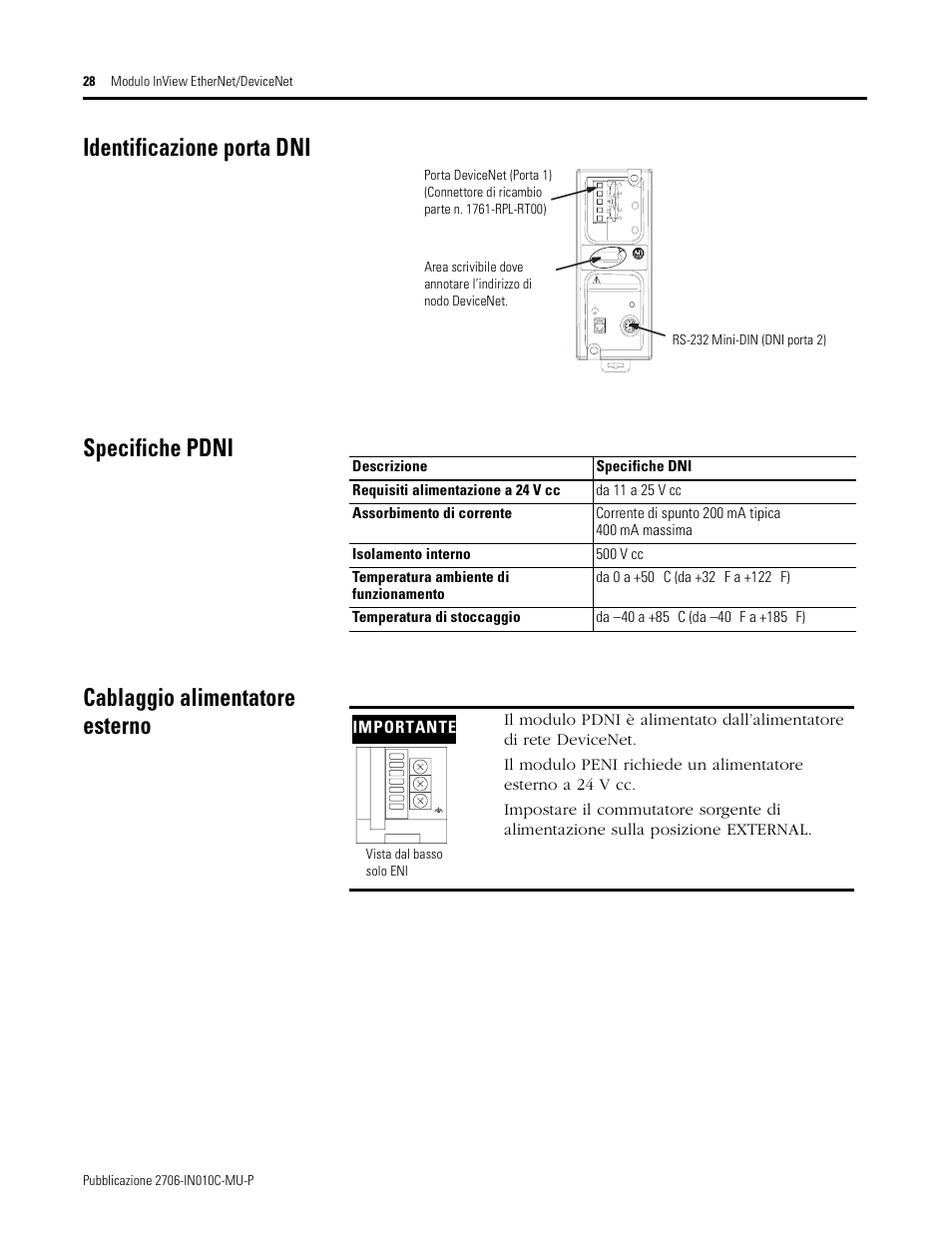 Identificazione porta dni, Specifiche pdni, Cablaggio alimentatore esterno | Rockwell Automation 2706-PENI_PDNI InView EtherNet/IP Module and InView DeviceNet Module Install Inst User Manual | Page 28 / 53