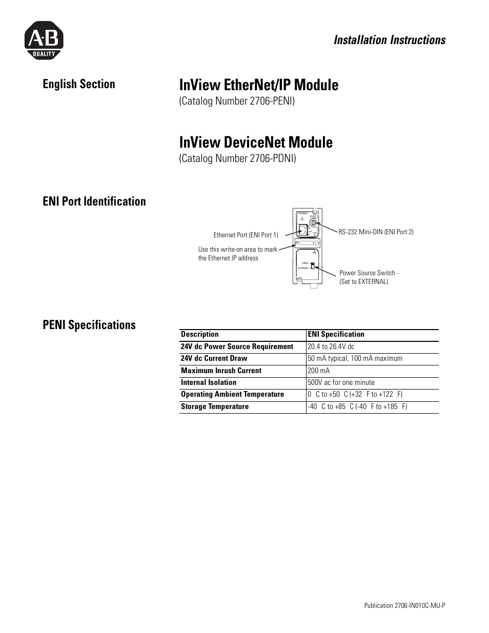 English section, Eni port identification, Peni specifications | Inview ethernet/ip module, Inview devicenet module, Installation instructions, Eni port identification peni specifications, Catalog number 2706-peni), Catalog number 2706-pdni) | Rockwell Automation 2706-PENI_PDNI InView EtherNet/IP Module and InView DeviceNet Module Install Inst User Manual | Page 3 / 53
