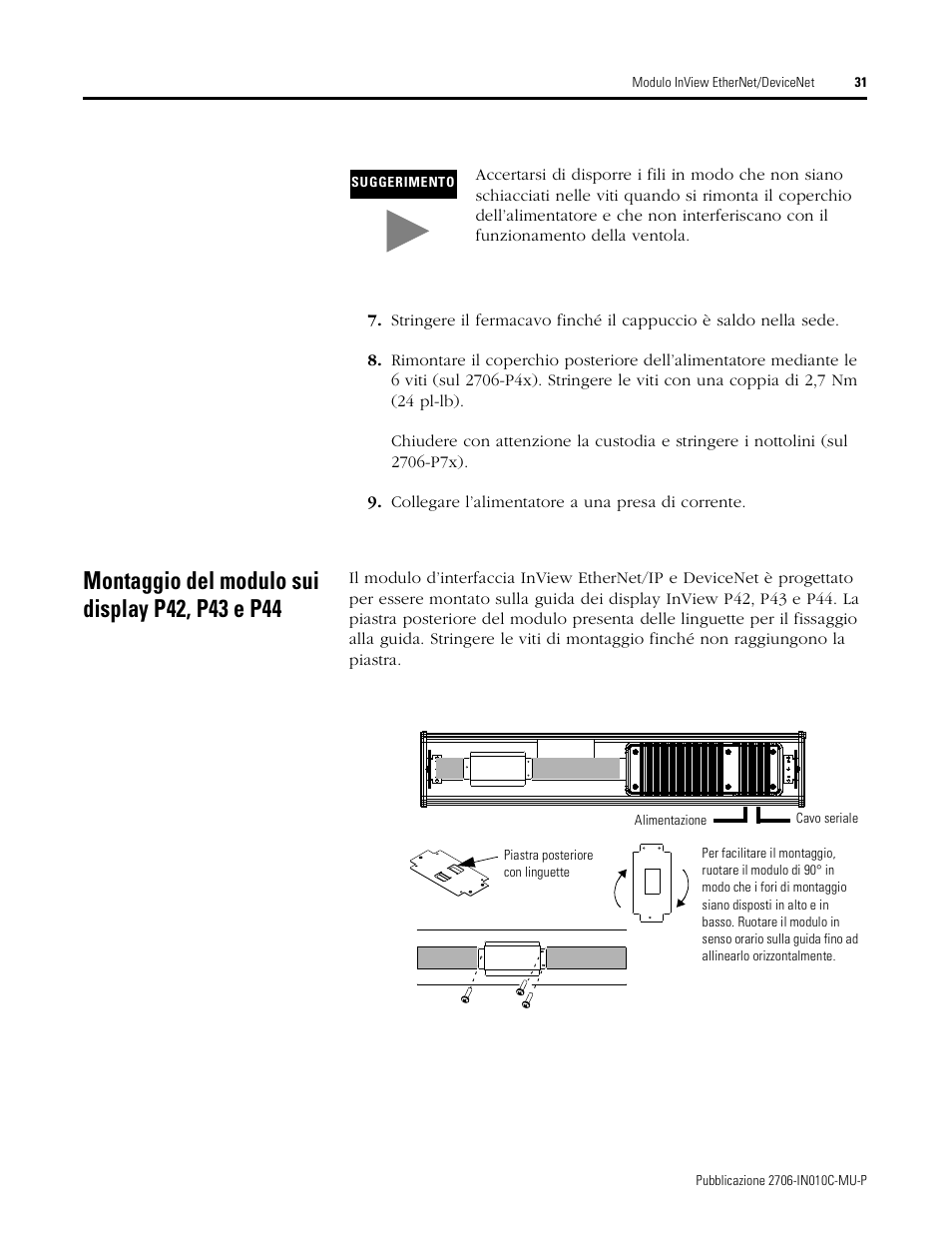 Montaggio del modulo sui display p42, p43 e p44 | Rockwell Automation 2706-PENI_PDNI InView EtherNet/IP Module and InView DeviceNet Module Install Inst User Manual | Page 31 / 53