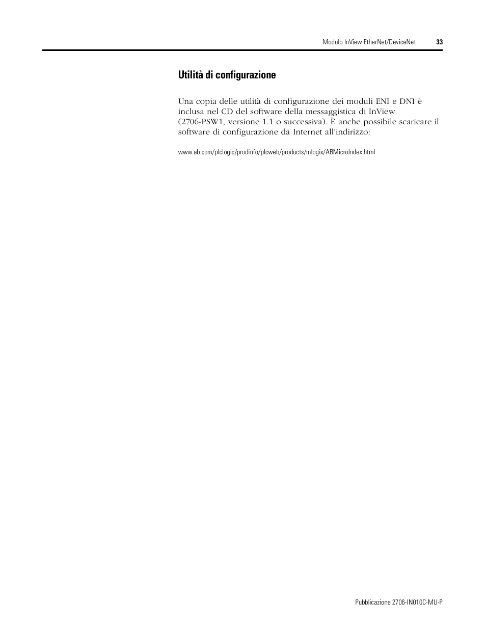 Utilità di configurazione | Rockwell Automation 2706-PENI_PDNI InView EtherNet/IP Module and InView DeviceNet Module Install Inst User Manual | Page 33 / 53