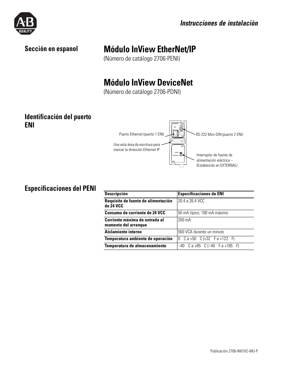 Sección en espanol, Identificación del puerto eni, Especificaciones del peni | Módulo inview ethernet/ip, Módulo inview devicenet, Instrucciones de instalación, Número de catálogo 2706-peni), Número de catálogo 2706-pdni) | Rockwell Automation 2706-PENI_PDNI InView EtherNet/IP Module and InView DeviceNet Module Install Inst User Manual | Page 35 / 53