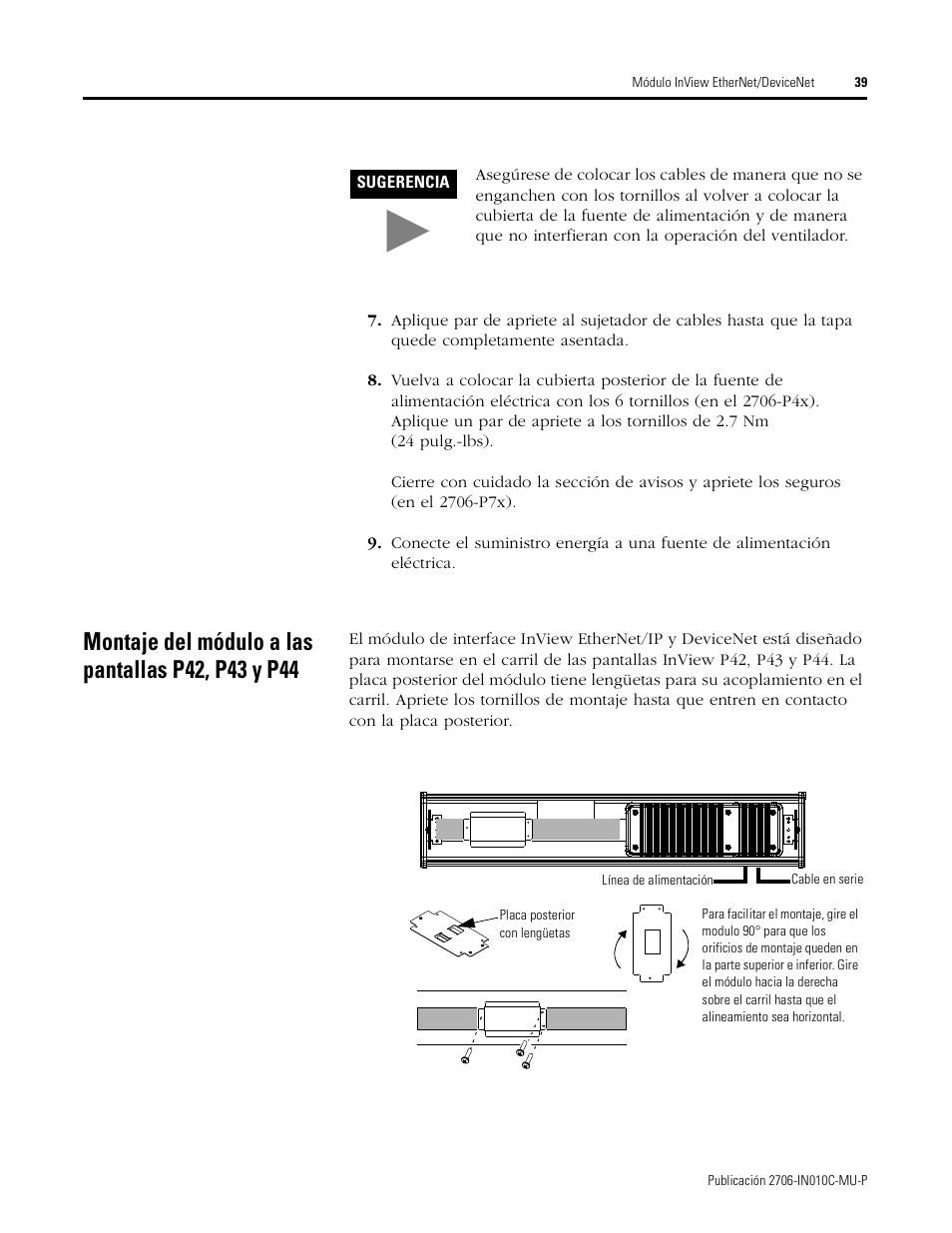 Montaje del módulo a las pantallas p42, p43 y p44 | Rockwell Automation 2706-PENI_PDNI InView EtherNet/IP Module and InView DeviceNet Module Install Inst User Manual | Page 39 / 53