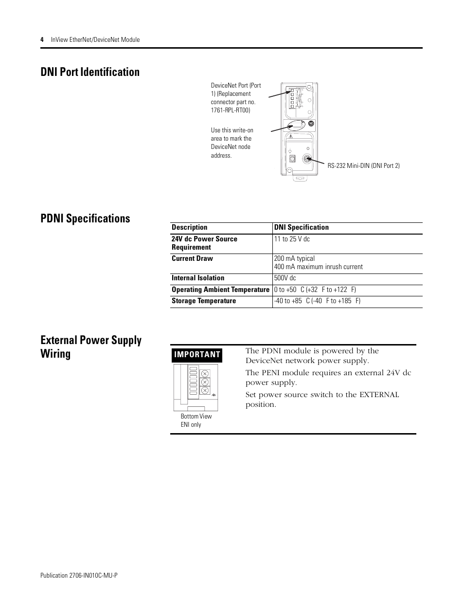 Dni port identification, Pdni specifications, External power supply wiring | Rockwell Automation 2706-PENI_PDNI InView EtherNet/IP Module and InView DeviceNet Module Install Inst User Manual | Page 4 / 53