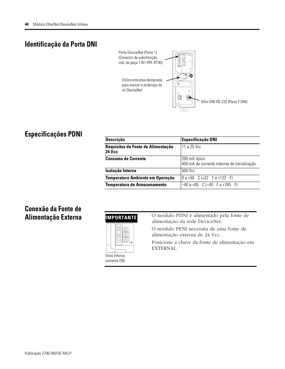 Identificação da porta dni, Especificações pdni, Conexão da fonte de alimentação externa | Rockwell Automation 2706-PENI_PDNI InView EtherNet/IP Module and InView DeviceNet Module Install Inst User Manual | Page 44 / 53