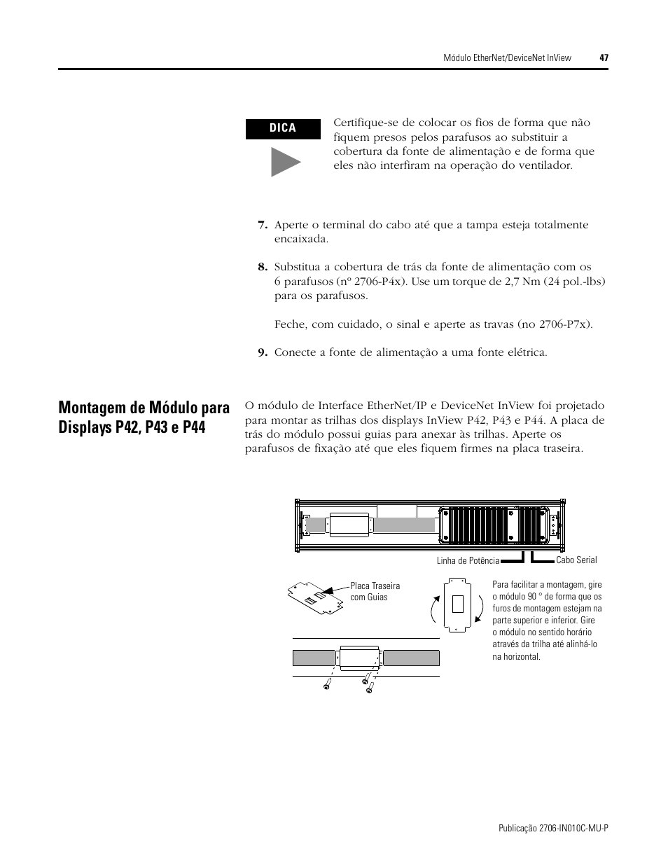 Montagem de módulo para displays p42, p43 e p44 | Rockwell Automation 2706-PENI_PDNI InView EtherNet/IP Module and InView DeviceNet Module Install Inst User Manual | Page 47 / 53