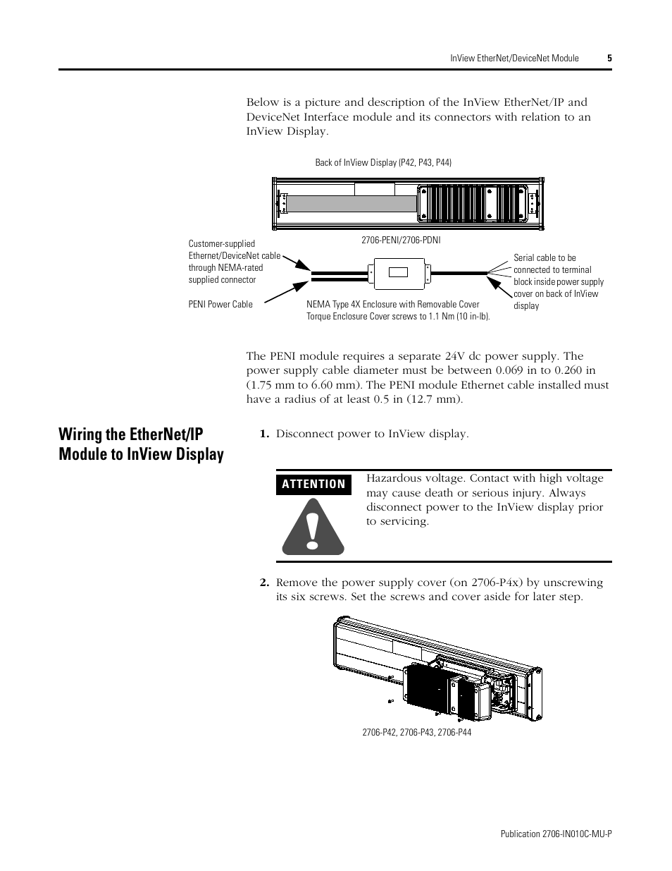 Wiring the ethernet/ip module to inview display | Rockwell Automation 2706-PENI_PDNI InView EtherNet/IP Module and InView DeviceNet Module Install Inst User Manual | Page 5 / 53