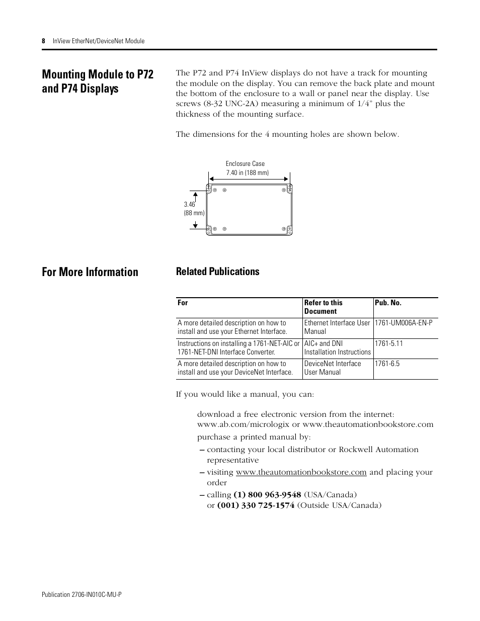 Mounting module to p72 and p74 displays, For more information, Related publications | Rockwell Automation 2706-PENI_PDNI InView EtherNet/IP Module and InView DeviceNet Module Install Inst User Manual | Page 8 / 53