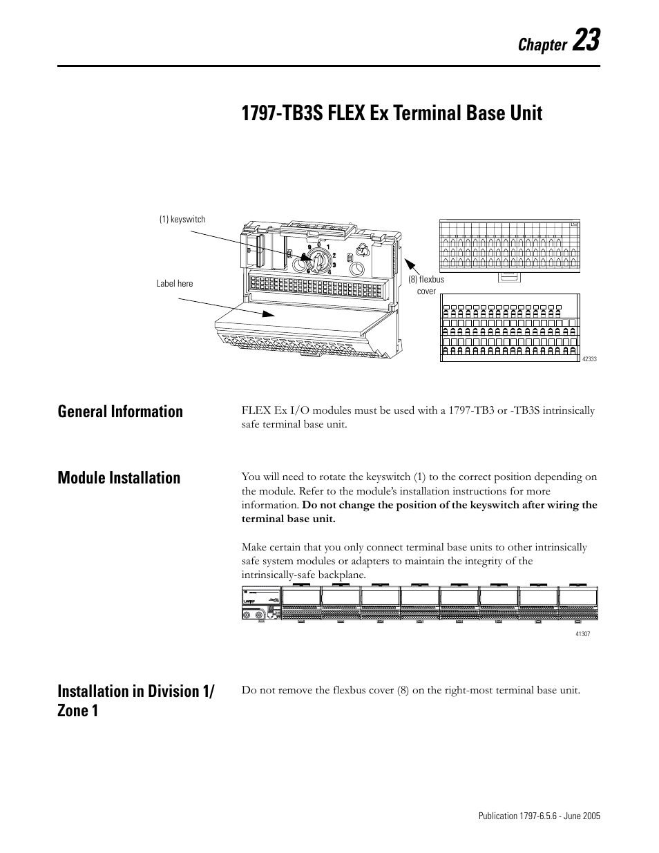 Chapter 23, 1797-tb3s flex ex terminal base unit, General information | Module installation, Installation in division 1/ zone 1, Chapter | Rockwell Automation 1797-XXX FLEX Ex System Certification Reference Manual User Manual | Page 105 / 252