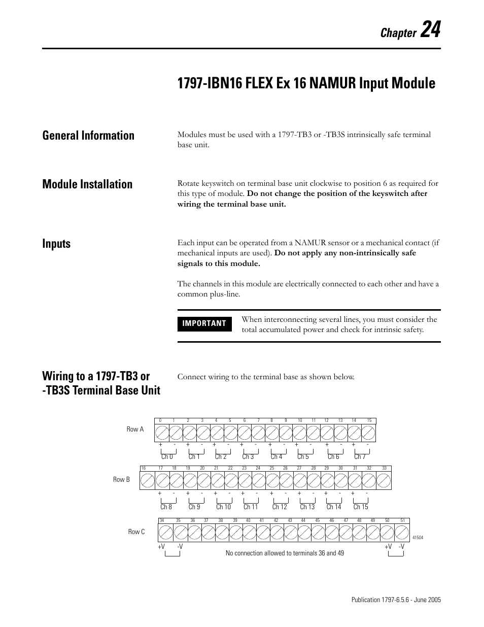 Chapter 24, 1797-ibn16 flex ex 16 namur input module, General information | Module installation, Inputs, Wiring to a 1797-tb3 or -tb3s terminal base unit, Chapter, Connect wiring to the terminal base as shown below | Rockwell Automation 1797-XXX FLEX Ex System Certification Reference Manual User Manual | Page 109 / 252