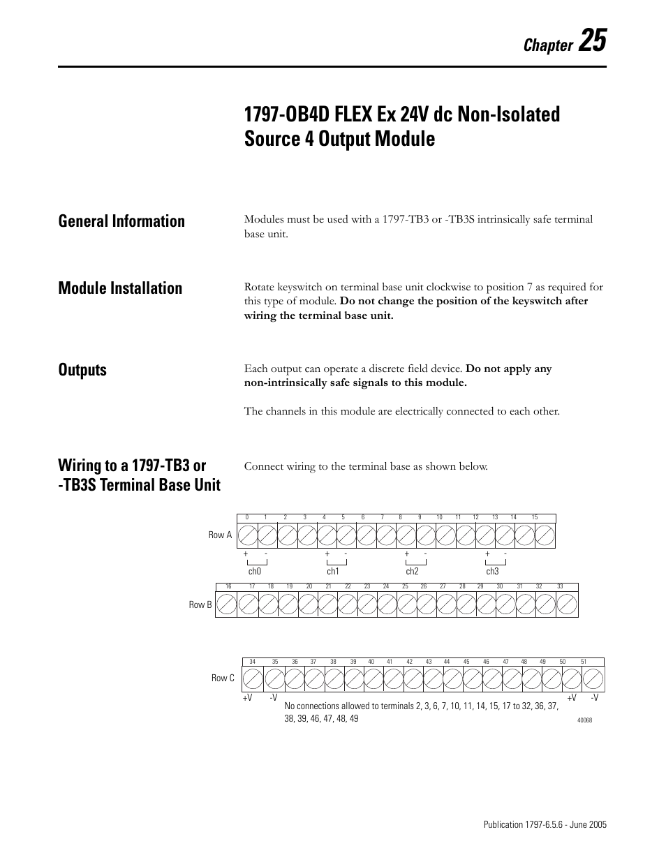 Chapter 25, General information, Module installation | Outputs, Wiring to a 1797-tb3 or -tb3s terminal base unit, Chapter, Connect wiring to the terminal base as shown below | Rockwell Automation 1797-XXX FLEX Ex System Certification Reference Manual User Manual | Page 115 / 252