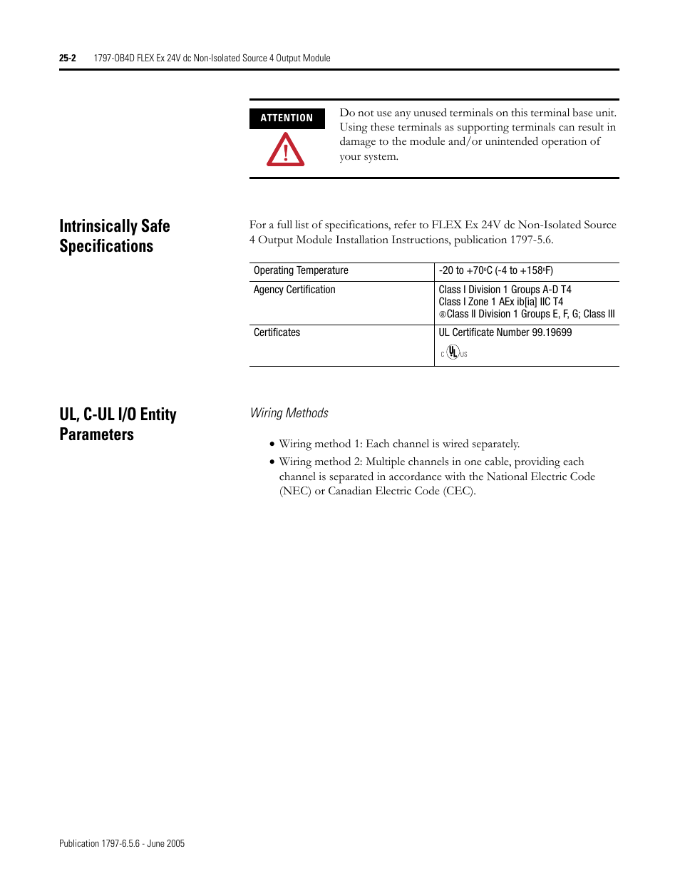 Intrinsically safe specifications, Ul, c-ul i/o entity parameters | Rockwell Automation 1797-XXX FLEX Ex System Certification Reference Manual User Manual | Page 116 / 252