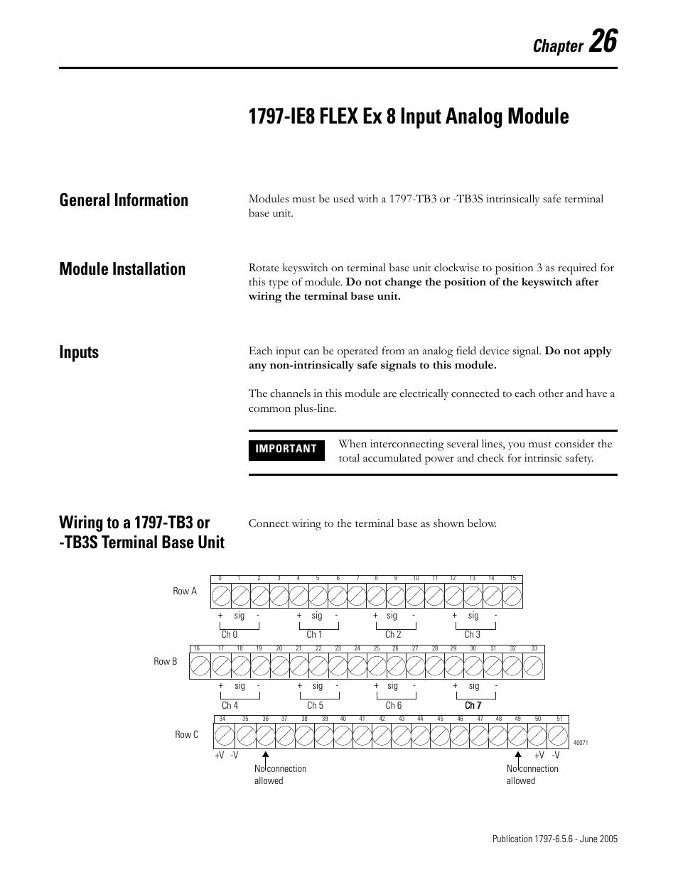Chapter 26, 1797-ie8 flex ex 8 input analog module, General information | Module installation, Inputs, Wiring to a 1797-tb3 or -tb3s terminal base unit, Chapter, Connect wiring to the terminal base as shown below | Rockwell Automation 1797-XXX FLEX Ex System Certification Reference Manual User Manual | Page 121 / 252