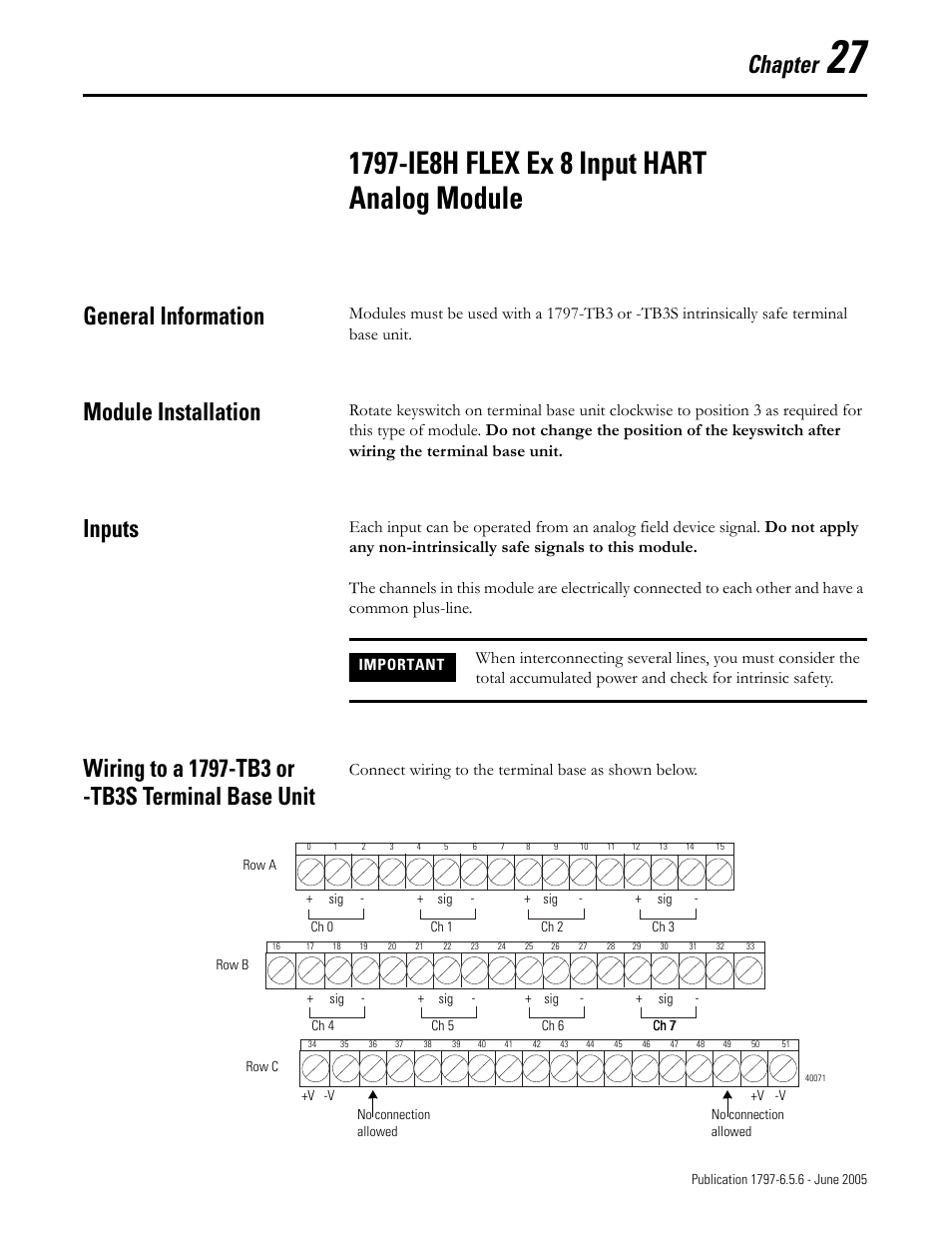 Chapter 27, 1797-ie8h flex ex 8 input hart analog module, General information | Module installation, Inputs, Wiring to a 1797-tb3 or -tb3s terminal base unit, Chapter, Connect wiring to the terminal base as shown below | Rockwell Automation 1797-XXX FLEX Ex System Certification Reference Manual User Manual | Page 127 / 252
