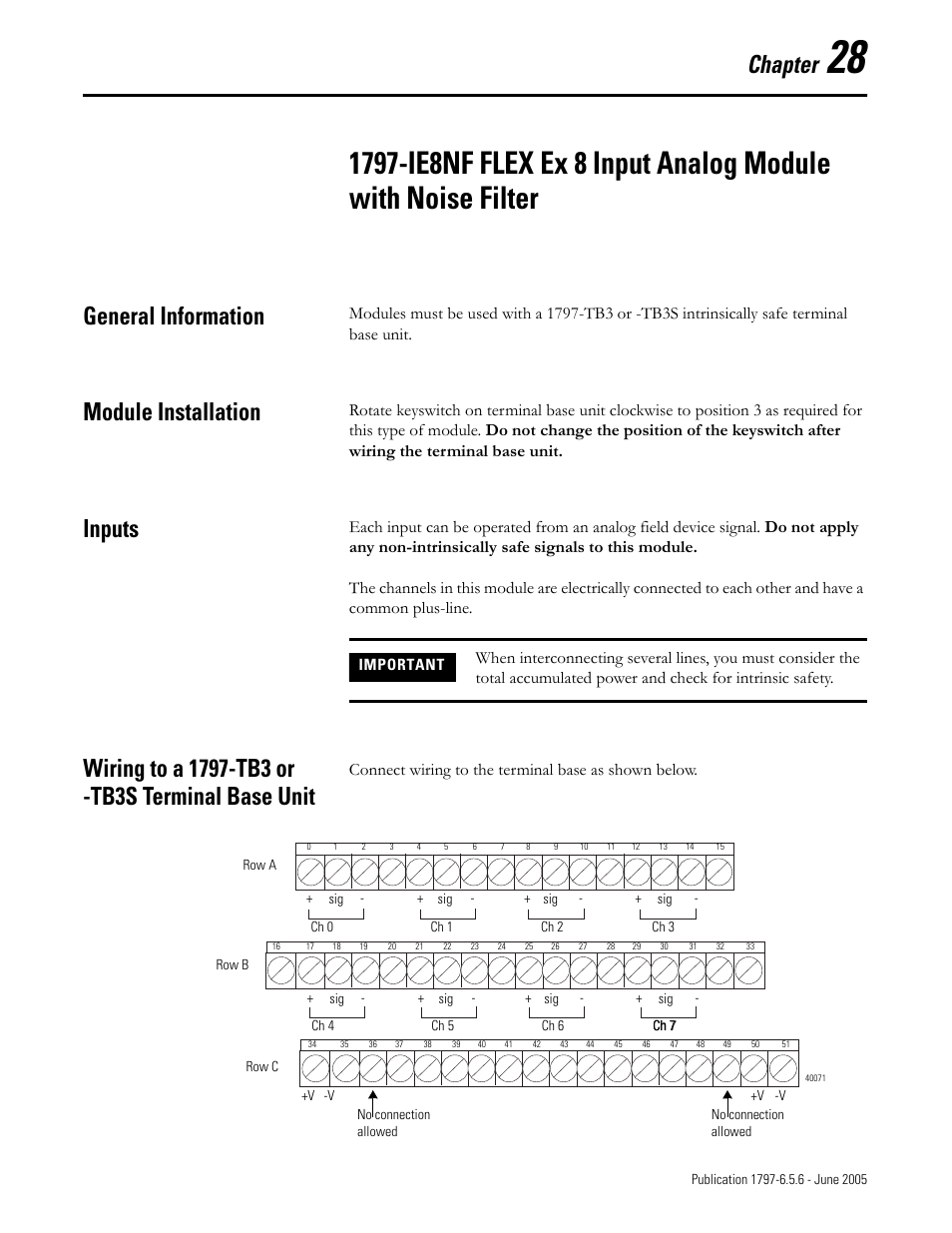 Chapter 28, General information, Module installation | Inputs, Wiring to a 1797-tb3 or -tb3s terminal base unit, Chapter, Connect wiring to the terminal base as shown below | Rockwell Automation 1797-XXX FLEX Ex System Certification Reference Manual User Manual | Page 133 / 252