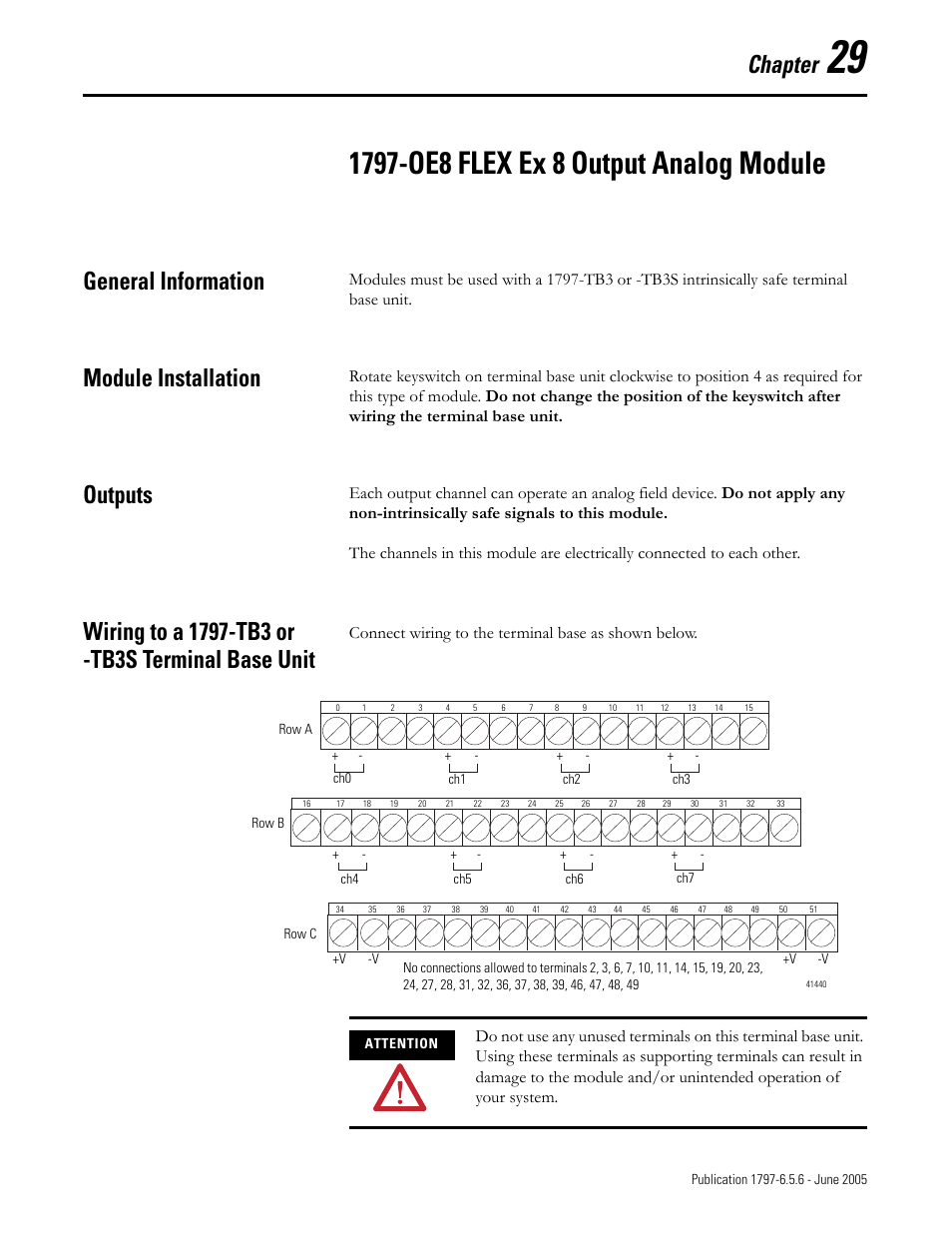 Chapter 29, 1797-oe8 flex ex 8 output analog module, General information | Module installation, Outputs, Wiring to a 1797-tb3 or -tb3s terminal base unit, Chapter, Connect wiring to the terminal base as shown below | Rockwell Automation 1797-XXX FLEX Ex System Certification Reference Manual User Manual | Page 139 / 252