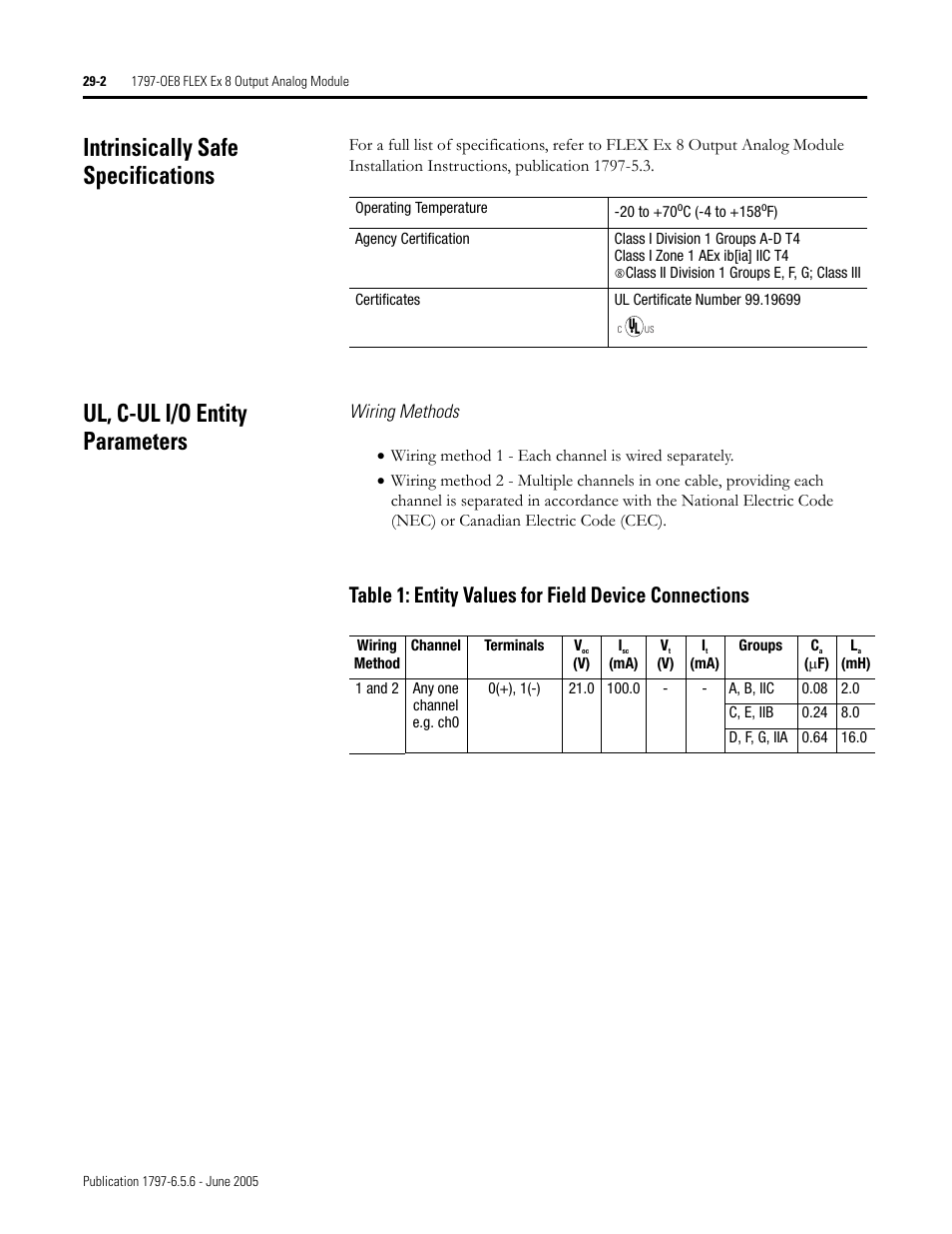 Intrinsically safe specifications, Ul, c-ul i/o entity parameters, Wiring methods | Rockwell Automation 1797-XXX FLEX Ex System Certification Reference Manual User Manual | Page 140 / 252
