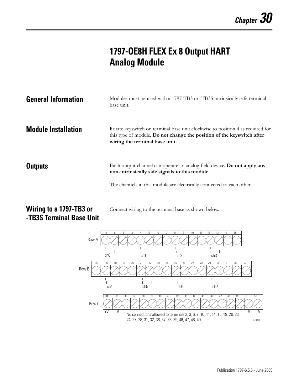 Chapter 30, 1797-oe8h flex ex 8 output hart analog module, General information | Module installation, Outputs, Wiring to a 1797-tb3 or -tb3s terminal base unit, Chapter, Connect wiring to the terminal base as shown below | Rockwell Automation 1797-XXX FLEX Ex System Certification Reference Manual User Manual | Page 143 / 252