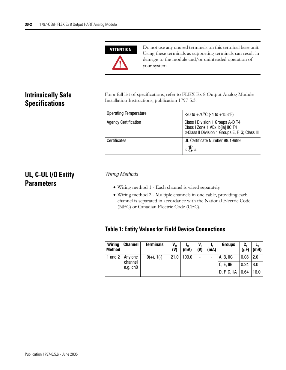 Intrinsically safe specifications, Ul, c-ul i/o entity parameters, Wiring methods | Rockwell Automation 1797-XXX FLEX Ex System Certification Reference Manual User Manual | Page 144 / 252