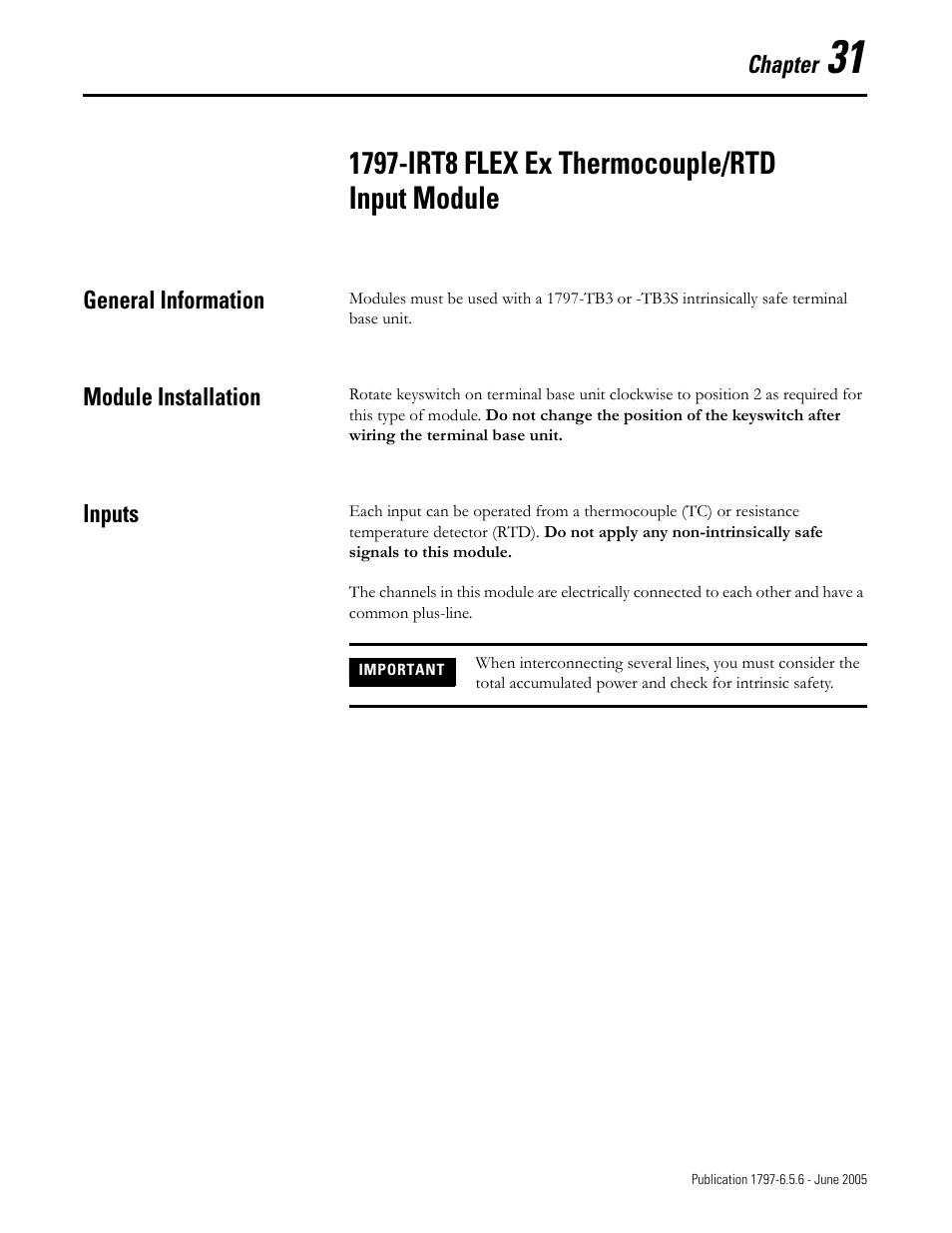 Chapter 31, 1797-irt8 flex ex thermocouple/rtd input module, General information | Module installation, Inputs | Rockwell Automation 1797-XXX FLEX Ex System Certification Reference Manual User Manual | Page 147 / 252