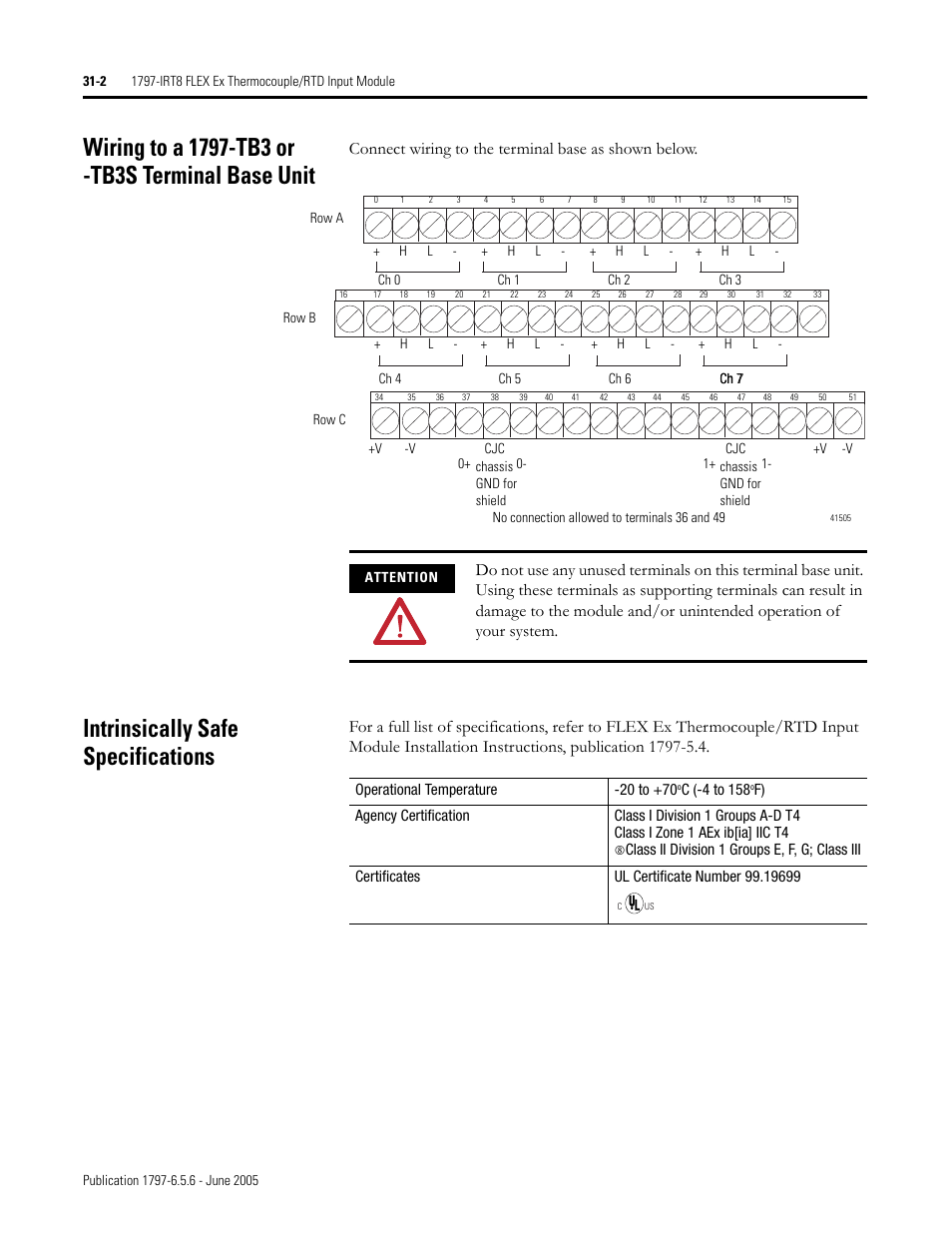 Wiring to a 1797-tb3 or -tb3s terminal base unit, Intrinsically safe specifications, Connect wiring to the terminal base as shown below | Rockwell Automation 1797-XXX FLEX Ex System Certification Reference Manual User Manual | Page 148 / 252