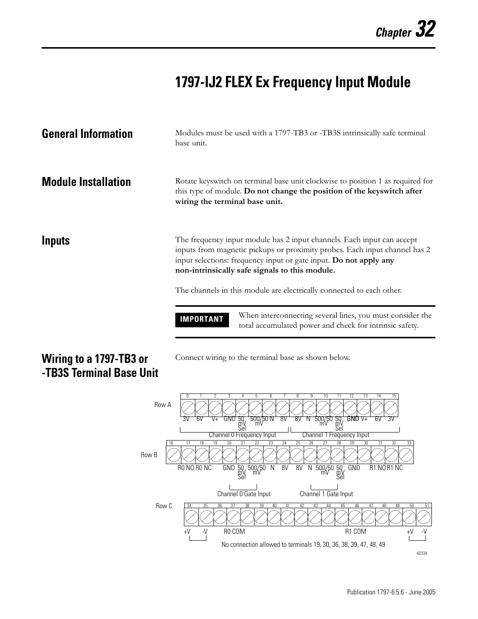 Chapter 32, 1797-ij2 flex ex frequency input module, General information | Module installation, Inputs, Wiring to a 1797-tb3 or -tb3s terminal base unit, Chapter, Connect wiring to the terminal base as shown below | Rockwell Automation 1797-XXX FLEX Ex System Certification Reference Manual User Manual | Page 153 / 252