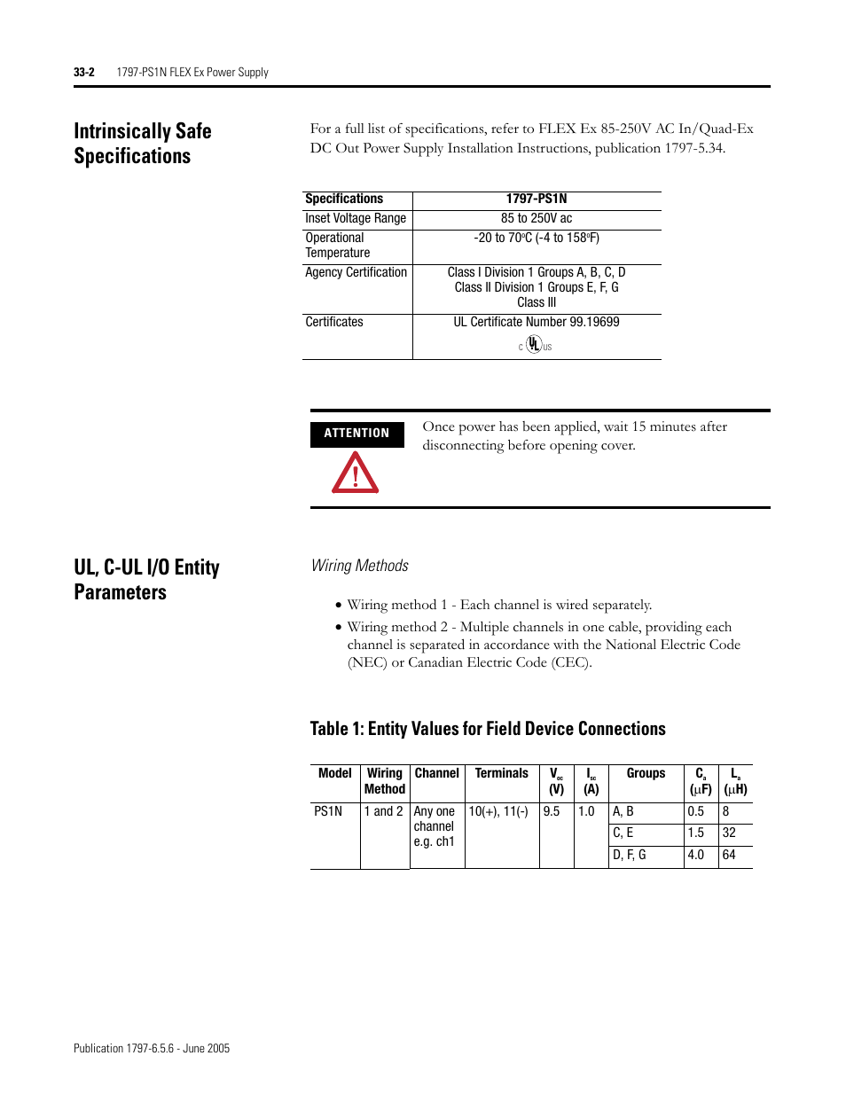 Intrinsically safe specifications, Ul, c-ul i/o entity parameters | Rockwell Automation 1797-XXX FLEX Ex System Certification Reference Manual User Manual | Page 160 / 252