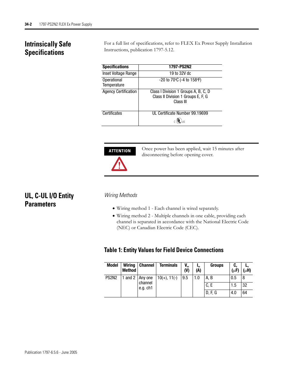 Intrinsically safe specifications, Ul, c-ul i/o entity parameters | Rockwell Automation 1797-XXX FLEX Ex System Certification Reference Manual User Manual | Page 164 / 252