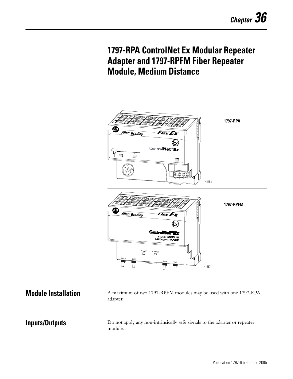 Chapter 36, Module installation, Inputs/outputs | Module installation -1 inputs/outputs -1, Chapter | Rockwell Automation 1797-XXX FLEX Ex System Certification Reference Manual User Manual | Page 169 / 252