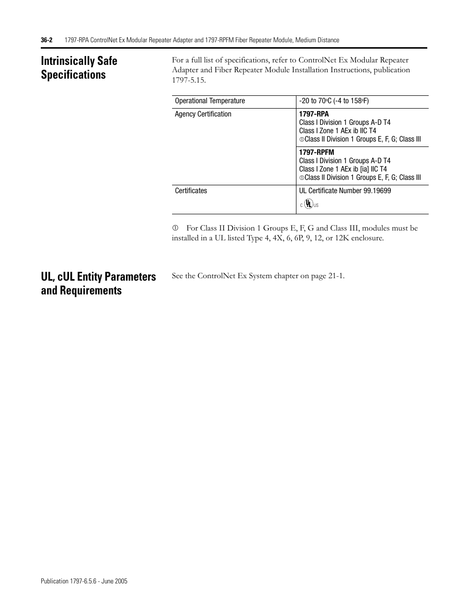 Intrinsically safe specifications, Ul, cul entity parameters and requirements | Rockwell Automation 1797-XXX FLEX Ex System Certification Reference Manual User Manual | Page 170 / 252