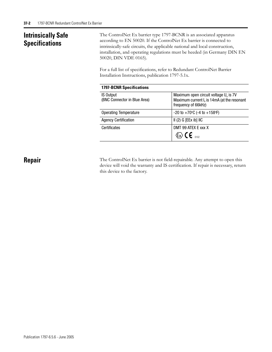Intrinsically safe specifications, Repair, Intrinsically safe specifications -2 repair -2 | Rockwell Automation 1797-XXX FLEX Ex System Certification Reference Manual User Manual | Page 172 / 252