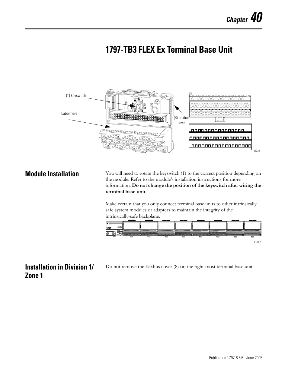 Chapter 40, 1797-tb3 flex ex terminal base unit, Module installation | Installation in division 1/ zone 1, Chapter | Rockwell Automation 1797-XXX FLEX Ex System Certification Reference Manual User Manual | Page 183 / 252