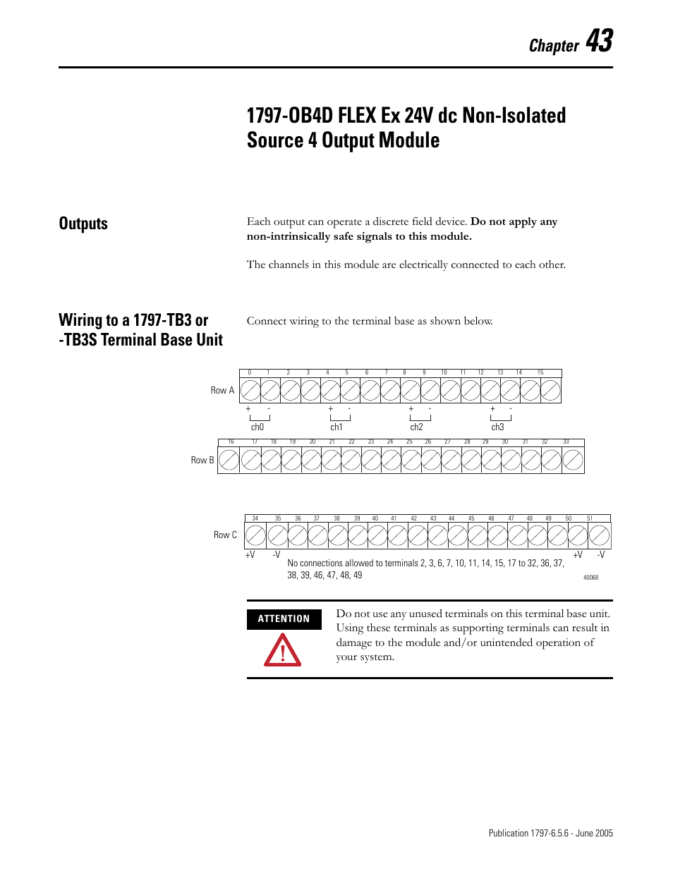 Chapter 43, Outputs, Wiring to a 1797-tb3 or -tb3s terminal base unit | Chapter, Connect wiring to the terminal base as shown below | Rockwell Automation 1797-XXX FLEX Ex System Certification Reference Manual User Manual | Page 195 / 252