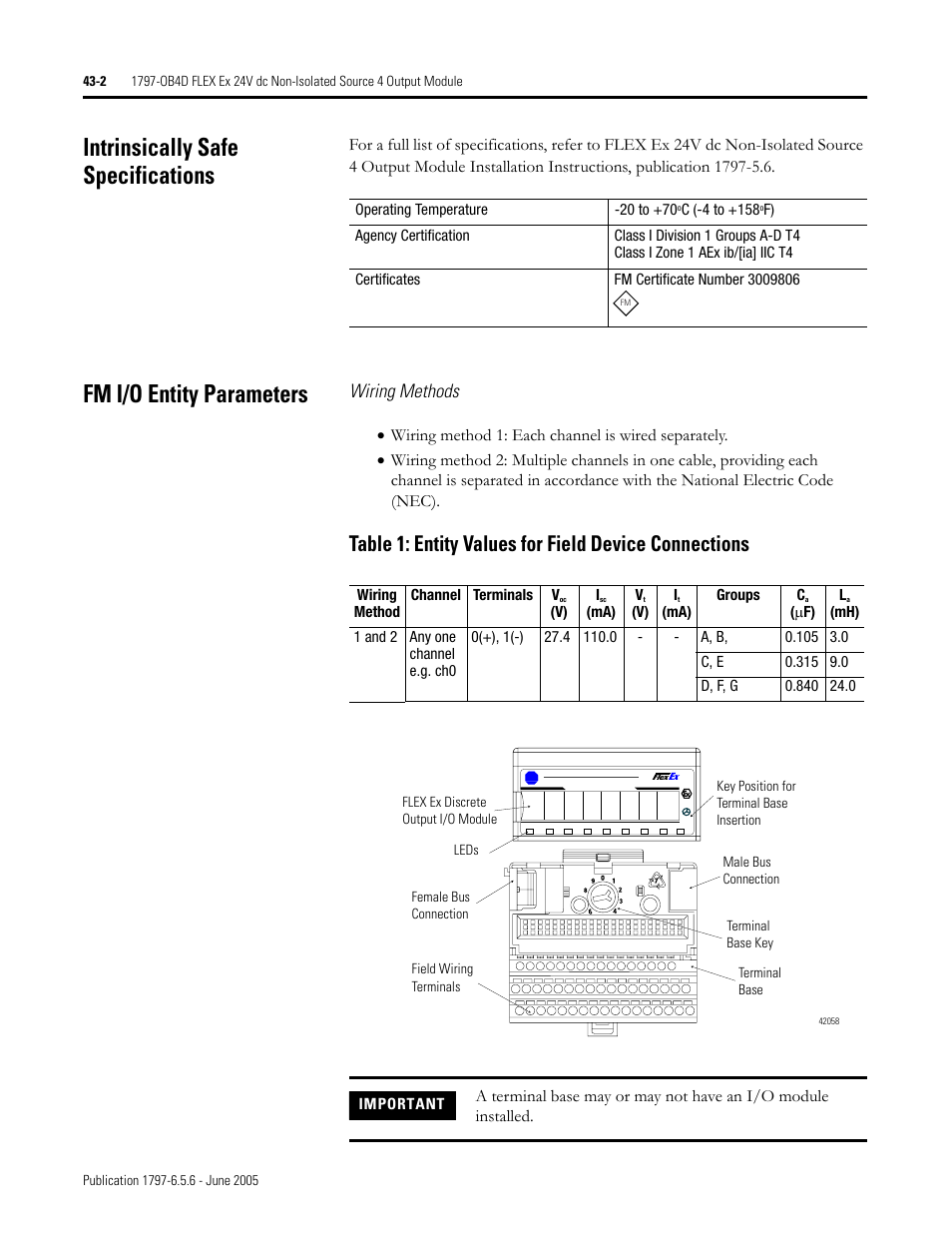 Intrinsically safe specifications, Fm i/o entity parameters, Wiring methods | Rockwell Automation 1797-XXX FLEX Ex System Certification Reference Manual User Manual | Page 196 / 252