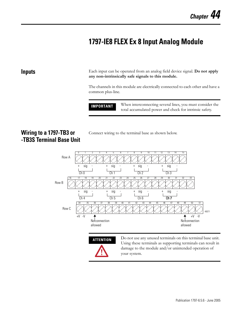 Chapter 44, 1797-ie8 flex ex 8 input analog module, Inputs | Wiring to a 1797-tb3 or -tb3s terminal base unit, Chapter, Connect wiring to the terminal base as shown below | Rockwell Automation 1797-XXX FLEX Ex System Certification Reference Manual User Manual | Page 199 / 252