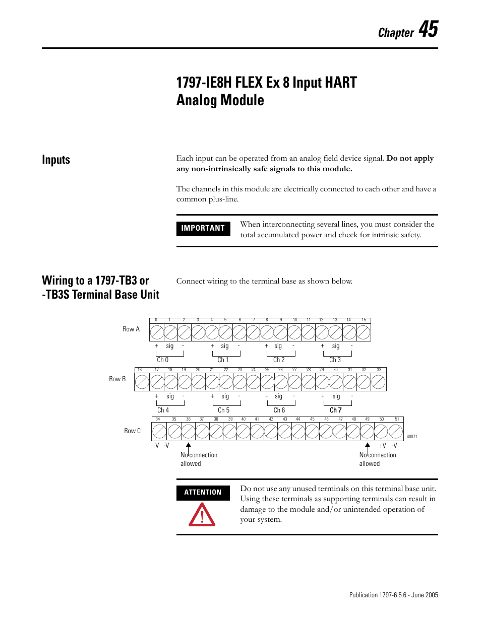 Chapter 45, 1797-ie8h flex ex 8 input hart analog module, Inputs | Wiring to a 1797-tb3 or -tb3s terminal base unit, Chapter, Connect wiring to the terminal base as shown below | Rockwell Automation 1797-XXX FLEX Ex System Certification Reference Manual User Manual | Page 205 / 252