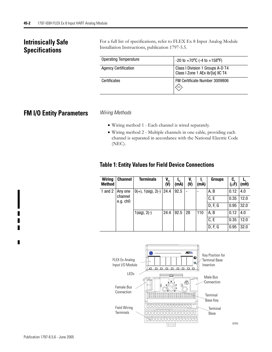 Intrinsically safe specifications, Fm i/o entity parameters, Wiring methods | Rockwell Automation 1797-XXX FLEX Ex System Certification Reference Manual User Manual | Page 206 / 252