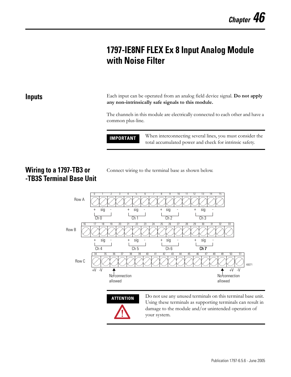 Chapter 46, Inputs, Wiring to a 1797-tb3 or -tb3s terminal base unit | Chapter, Connect wiring to the terminal base as shown below | Rockwell Automation 1797-XXX FLEX Ex System Certification Reference Manual User Manual | Page 209 / 252