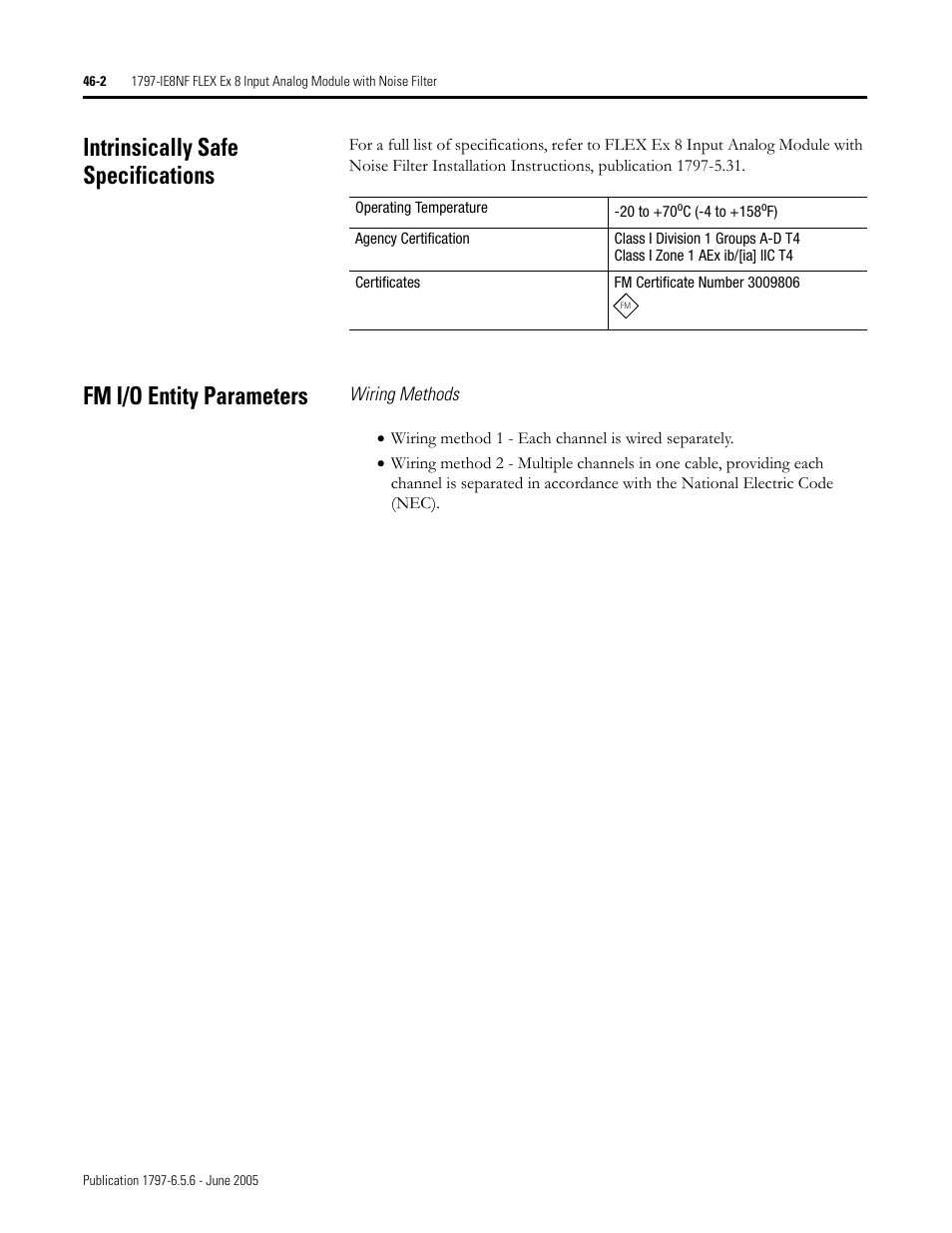 Intrinsically safe specifications, Fm i/o entity parameters | Rockwell Automation 1797-XXX FLEX Ex System Certification Reference Manual User Manual | Page 210 / 252