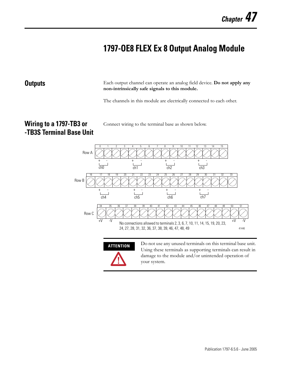 Chapter 47, 1797-oe8 flex ex 8 output analog module, Outputs | Wiring to a 1797-tb3 or -tb3s terminal base unit, Chapter, Connect wiring to the terminal base as shown below | Rockwell Automation 1797-XXX FLEX Ex System Certification Reference Manual User Manual | Page 215 / 252