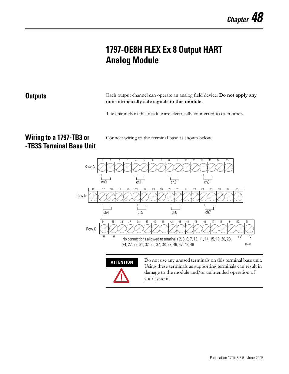 Chapter 48, 1797-oe8h flex ex 8 output hart analog module, Outputs | Wiring to a 1797-tb3 or -tb3s terminal base unit, Chapter, Connect wiring to the terminal base as shown below | Rockwell Automation 1797-XXX FLEX Ex System Certification Reference Manual User Manual | Page 219 / 252