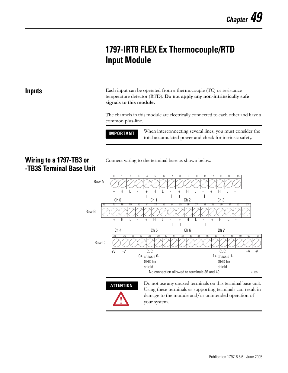 Chapter 49, 1797-irt8 flex ex thermocouple/rtd input module, Inputs | Wiring to a 1797-tb3 or -tb3s terminal base unit, Chapter, Connect wiring to the terminal base as shown below | Rockwell Automation 1797-XXX FLEX Ex System Certification Reference Manual User Manual | Page 223 / 252